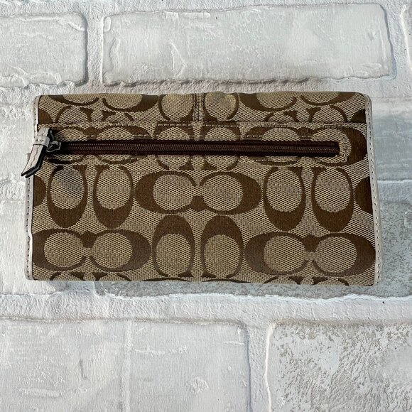 Coach Wallet Beige White Signature C Canvas Leather Tri-Fold Zip Snap Card Slots - Picture 6 of 11